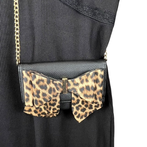 Crossi Small Bag / Crossbody Wallet on a Strap Black & Leopard Print Bow - Picture 1 of 10